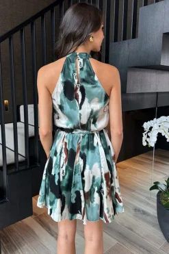 Multi Smudge Print Halterneck Tie Waist Mini Dress