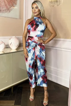 Multi Smudge Print  Halter Neck Knot Skirt Midi Dress