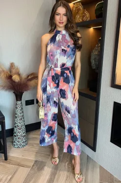 Multi Smudge Print Halter Neck Tie Waist Jumpsuit