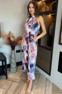 Multi Smudge Print Halter Neck Tie Waist Jumpsuit