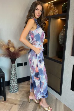 Multi Smudge Print Halter Neck Tie Waist Jumpsuit
