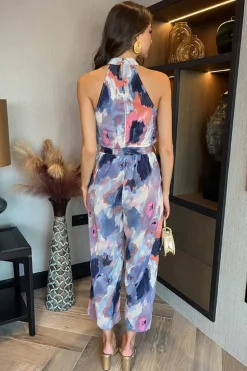Multi Smudge Print Halter Neck Tie Waist Jumpsuit