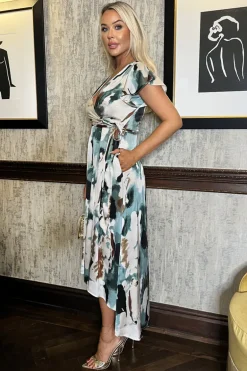 Multi Smudge Print Short Sleeve Belted Wrap Midi Dress