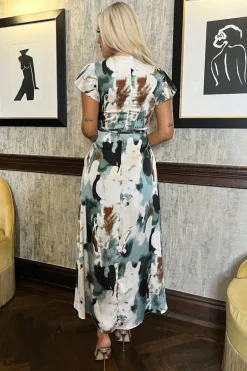 Multi Smudge Print Short Sleeve Belted Wrap Midi Dress