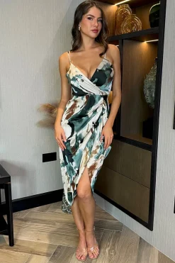 Multi Smudge Print Strappy Wrap Top Gathered Skirt Midi Dress