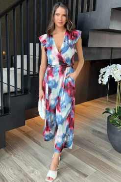 Multi Smudge Print Wrap Top Belted Jumpsuit