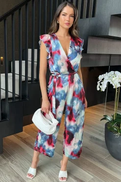 Multi Smudge Print Wrap Top Belted Jumpsuit