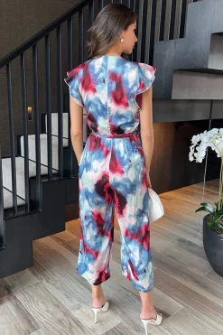 Multi Smudge Print Wrap Top Belted Jumpsuit