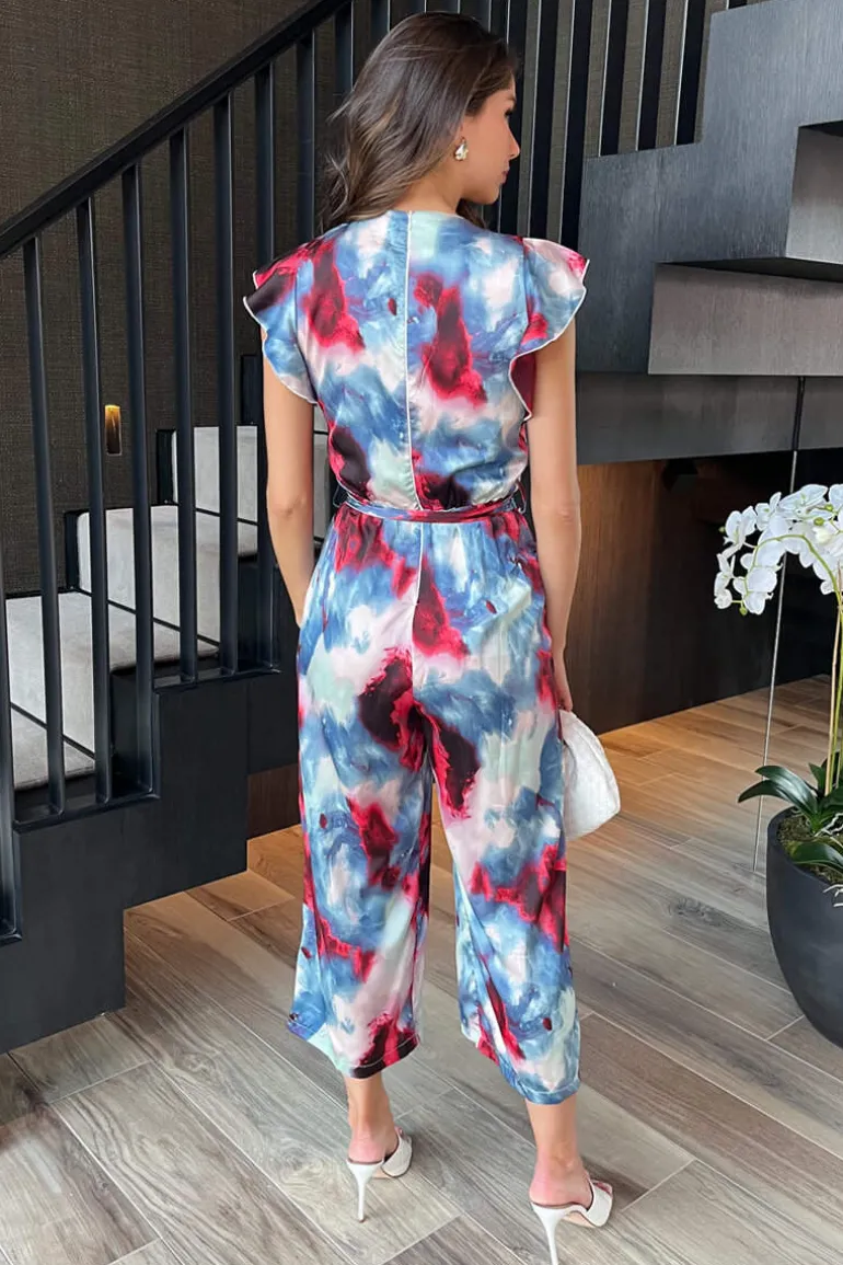 Multi Smudge Print Wrap Top Belted Jumpsuit