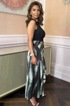 Multi Smudged Stripe Print 2 In 1 Frill Split Midi Dress