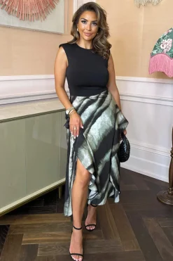 Multi Smudged Stripe Print 2 In 1 Frill Split Midi Dress