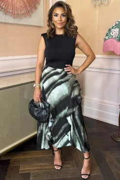 Multi Smudged Stripe Print 2 In 1 Frill Split Midi Dress