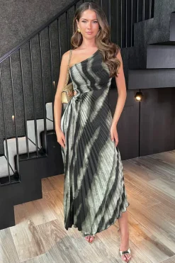 Multi Smudged Stripe Print One Shoulder Pleated Midi Dress