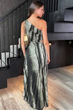 Multi Smudged Stripe Print One Shoulder Pleated Midi Dress