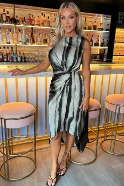 Multi Smudged Stripe Print Shoulder Padded Gathered Waist Midi Dress