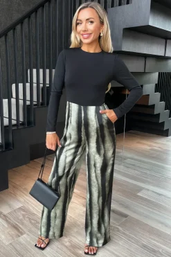 Multi Stripe Smudge Print 2 in 1 Long Sleeve Wide Leg Jumpsuit