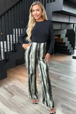 Multi Stripe Smudge Print 2 in 1 Long Sleeve Wide Leg Jumpsuit