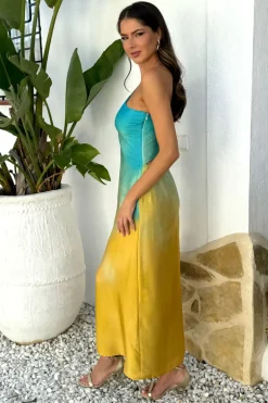 Multi Sunset Ombre One Shoulder Open Back Twist Detail Midi Dress