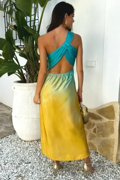 Multi Sunset Ombre One Shoulder Open Back Twist Detail Midi Dress