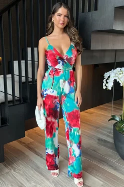 Multi Tie Dye Printed Strappy Tie Waist Jumpsuit