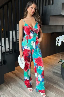 Multi Tie Dye Printed Strappy Tie Waist Jumpsuit