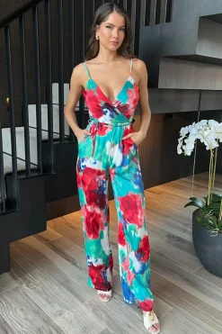 Multi Tie Dye Printed Strappy Tie Waist Jumpsuit