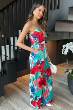 Multi Tie Dye Printed Strappy Tie Waist Jumpsuit