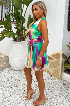 Multi Watercolour Print Halterneck Tie Waist Mini Dress