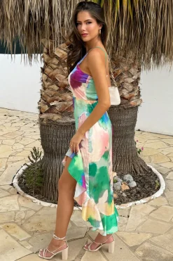 Multi Watercolour Print Racer Neck High Low Frill Hem Midi Dress