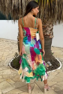 Multi Watercolour Print Racer Neck High Low Frill Hem Midi Dress