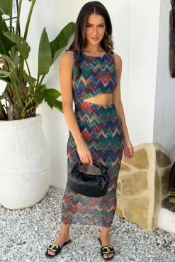 Multi Zig Zag Printed Mesh Asymmetric Waist Cut Out Midi Dress