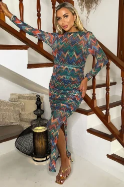 Multi Zig Zag Printed Mesh Overlay Long Sleeve Bodycon Midi Dress