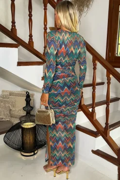 Multi Zig Zag Printed Mesh Overlay Long Sleeve Bodycon Midi Dress