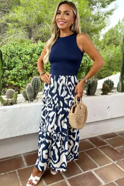 Navy And Cream Abstract Print 2 In 1 Smock Midi Dress