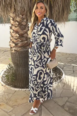 Navy And Cream Abstract Print 3/4 Sleeve Tie Waist Shirt Midi Dress