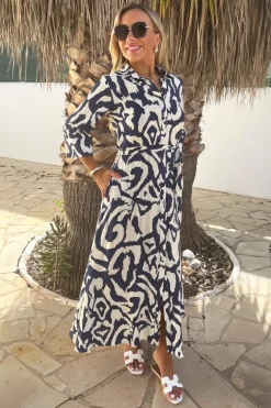 Navy And Cream Abstract Print 3/4 Sleeve Tie Waist Shirt Midi Dress