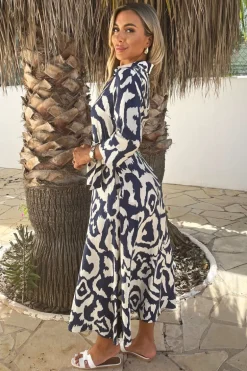 Navy And Cream Abstract Print 3/4 Sleeve Tie Waist Shirt Midi Dress