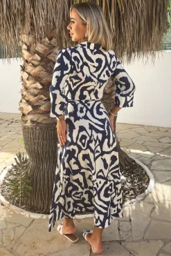 Navy And Cream Abstract Print 3/4 Sleeve Tie Waist Shirt Midi Dress
