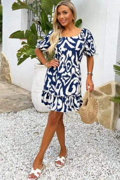 Navy And Cream Abstract Print Short Sleeve Frill Hem Mini Dress