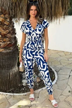 Navy And Cream Abstract Print V-Neck Short Sleeve Belted Elasticated Cuff Jumpsuit