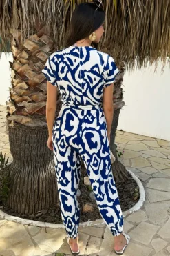 Navy And Cream Abstract Print V-Neck Short Sleeve Belted Elasticated Cuff Jumpsuit