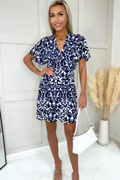 Navy and Cream Printed Skater Dress