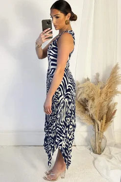 Navy And Cream Printed V Neck Zig Zag Hem Pleated Midi Dress