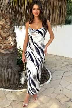 Navy and Cream Stripe Print Strappy Twist Back Slip Midi Dress