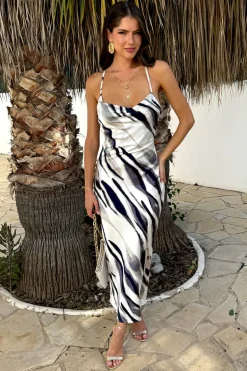 Navy and Cream Stripe Print Strappy Twist Back Slip Midi Dress
