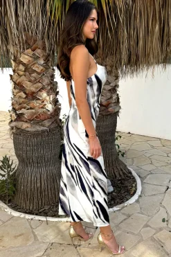 Navy and Cream Stripe Print Strappy Twist Back Slip Midi Dress