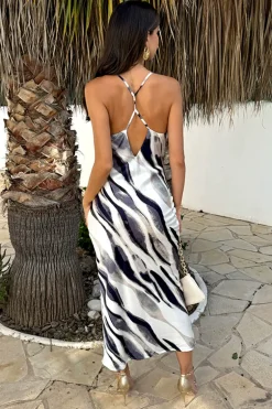 Navy and Cream Stripe Print Strappy Twist Back Slip Midi Dress