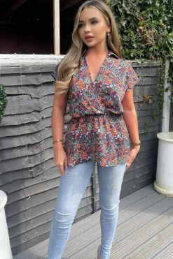 Navy and Orange Floral Print Wrap Top