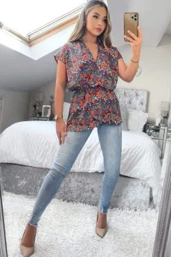 Navy and Orange Floral Print Wrap Top