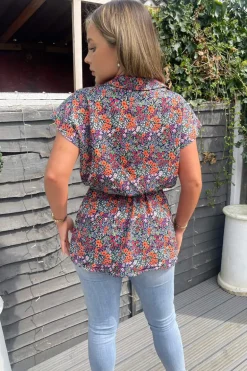 Navy and Orange Floral Print Wrap Top